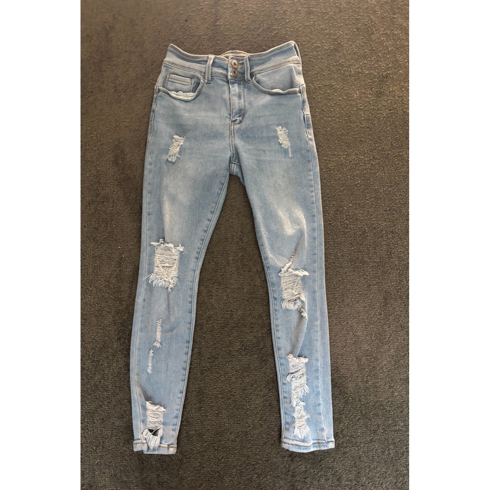 Wax Jeans Women's 1/25 Blue Denim Cotton Stretch Distressed Light Wash Zip Fly